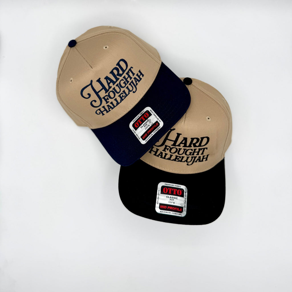 Hard Fought Hallelujah Embroidered Hat | Two Tone Trucker Hat | Faith Hat | Christian Gift | Puff Embroidery | Retro Baseball Cap