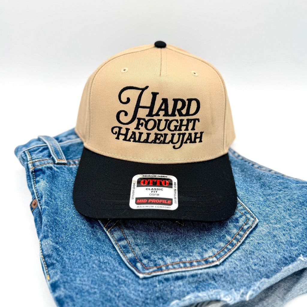 Hard Fought Hallelujah Embroidered Hat | Two Tone Trucker Hat | Faith Hat | Christian Gift | Puff Embroidery | Retro Baseball Cap