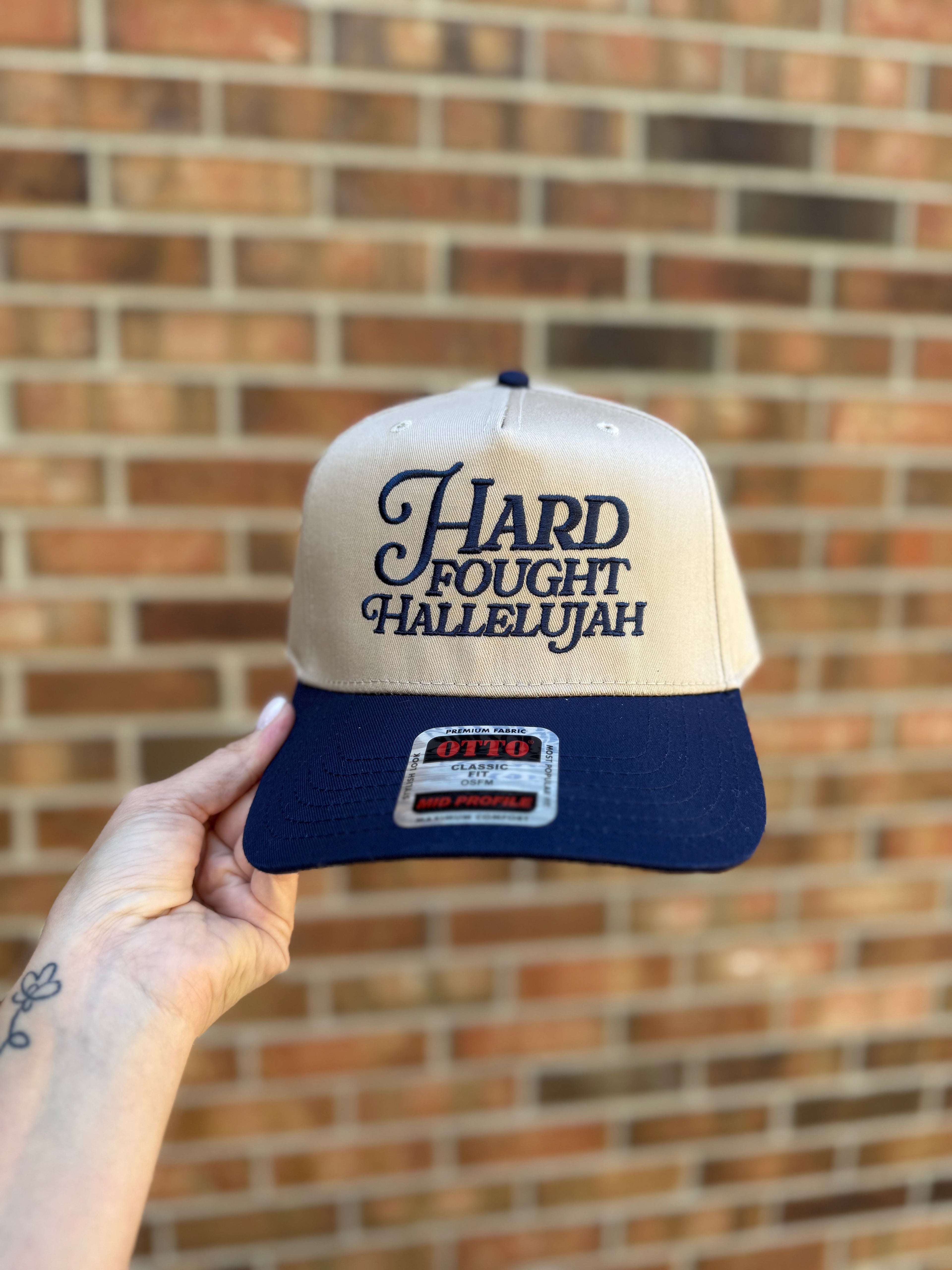 Hard Fought Hallelujah Embroidered Hat | Two Tone Trucker Hat | Faith Hat | Christian Gift | Puff Embroidery | Retro Baseball Cap
