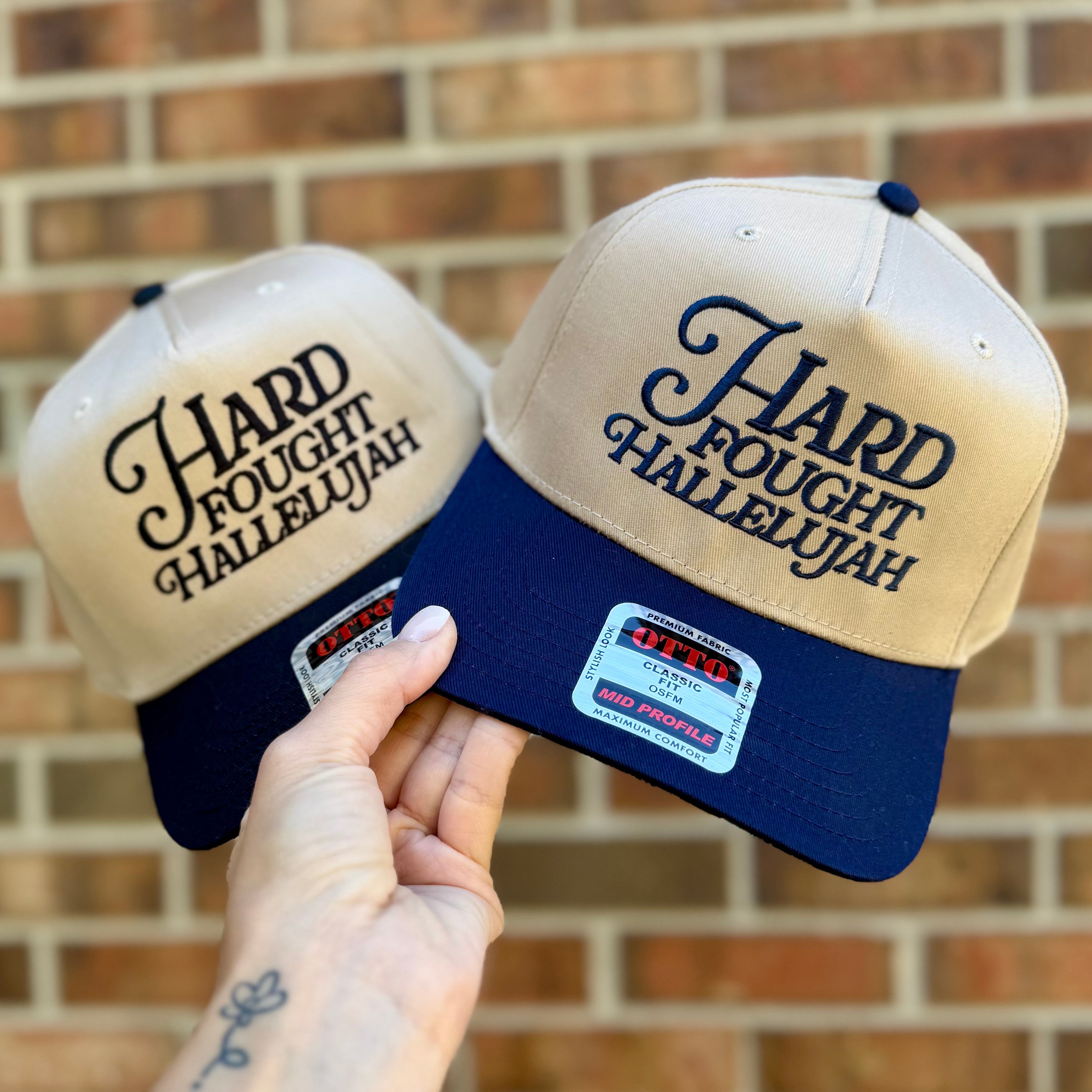 Hard Fought Hallelujah Embroidered Hat | Two Tone Trucker Hat | Faith Hat | Christian Gift | Puff Embroidery | Retro Baseball Cap