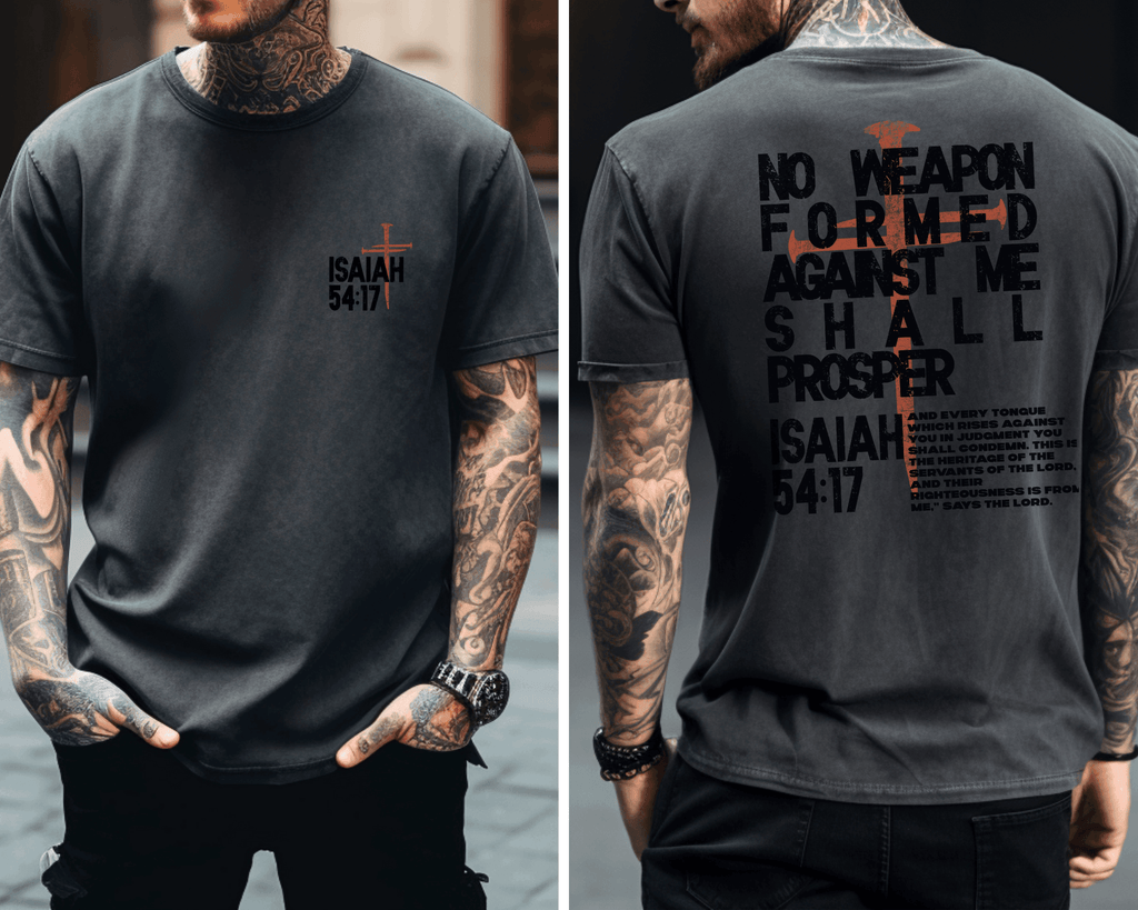 Isaiah 54:17 Men’s Christian T-Shirt | No Weapon Formed Shall Prosper Shirt | Bible Verse Tee for Him | Gildan Softstyle | Scripture Faith Shirt | Unisex Fit